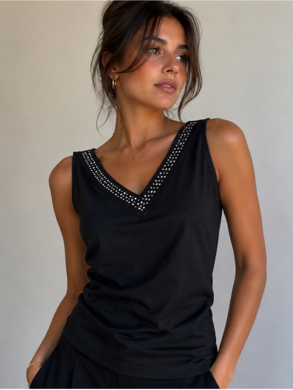 Black V-Neck Studded Tank Top